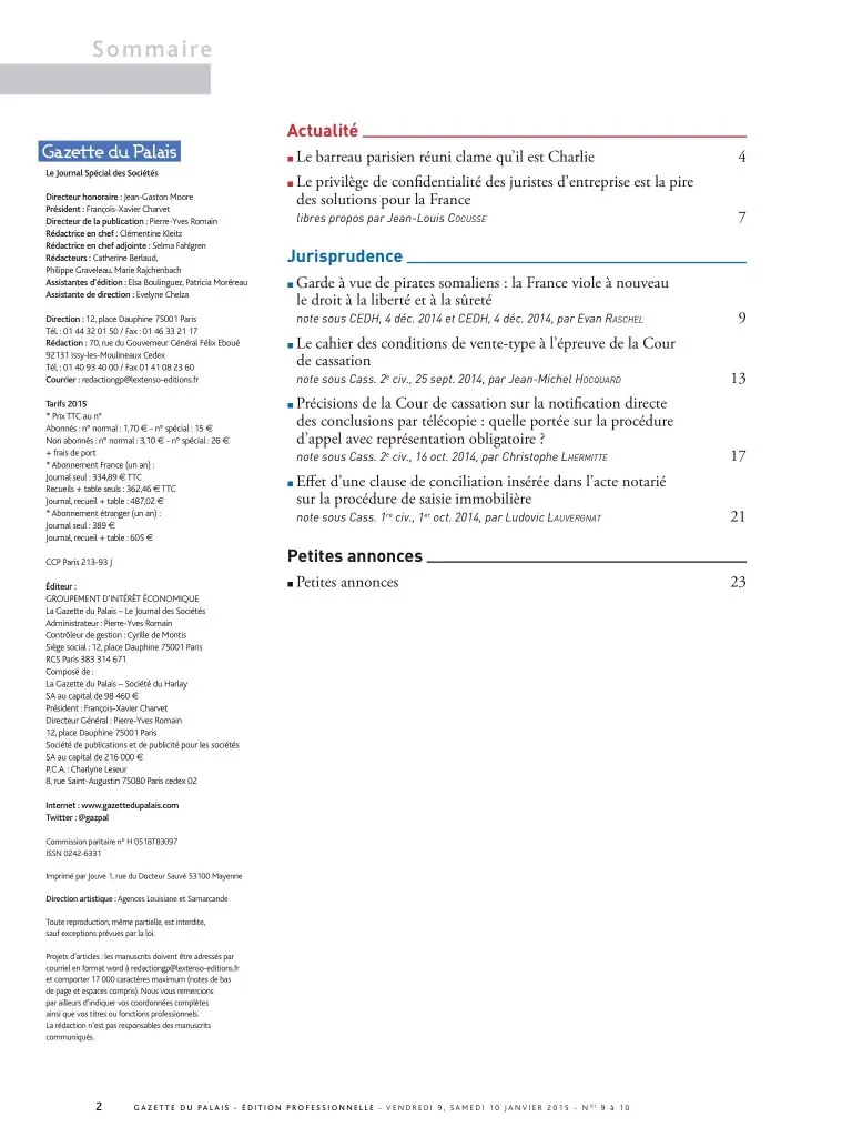 Gazette du Palais 9-10 janvier 2015